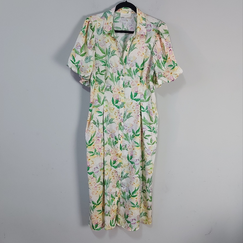 Melloday Button Front Cottagecore Fairy Floral Dress Size Large Puff Sleeve Midi